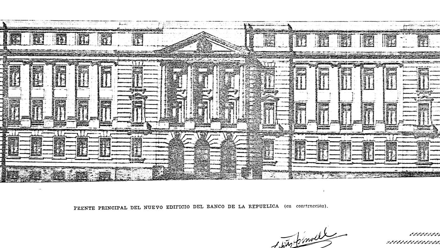 Frente principal del nuevo edificio del Banco de la República, en construcción. Lámina de la Memoria del ejercicio 1942.