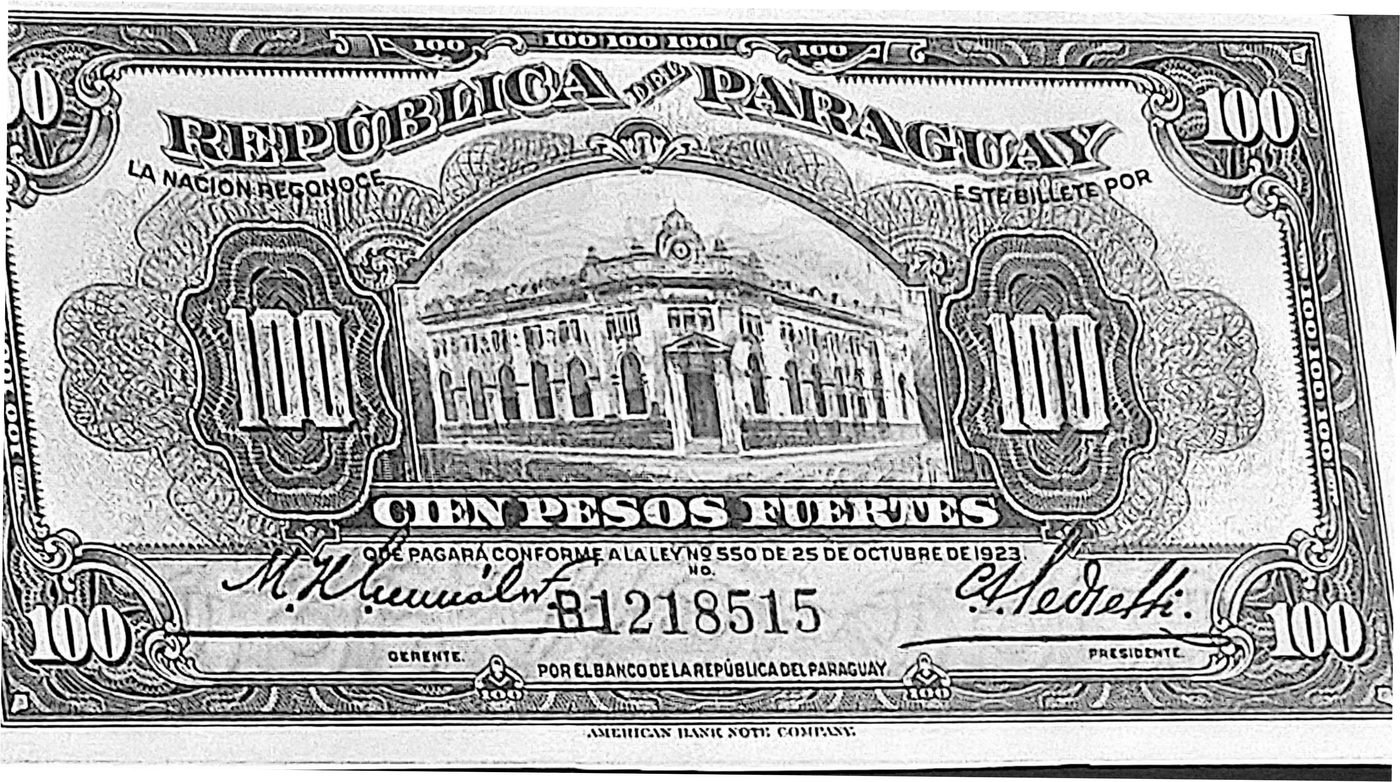 Anverso del billete de cien pesos fuertes del Banco de la República del Paraguay (American Bank Note Company, serie B1218515), con el edificio del banco en la v