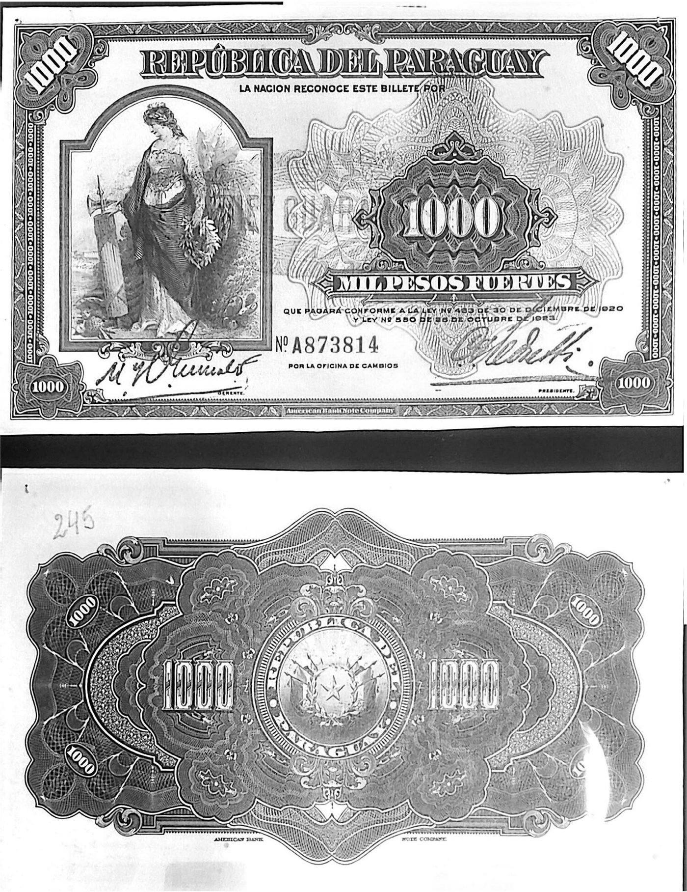 Billete de mil pesos fuertes de la Oficina de Cambios (American Bank Note Company). La leyenda documenta la base legal de la emisión: «que pagará conforme a la