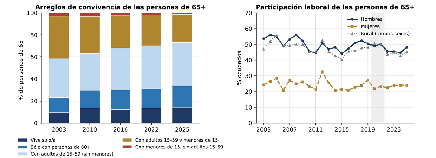 Gráfico 12.4. Arreglos de convivencia y participación laboral de las personas de 65 años y más